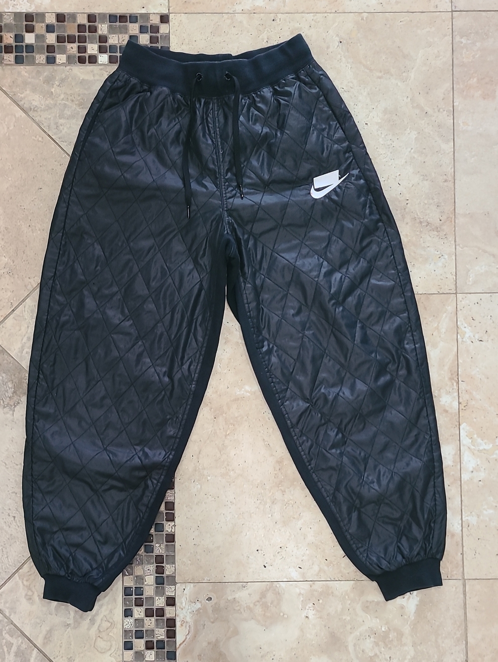 Nike Black Quilted Jogger Pants with White Swoosh